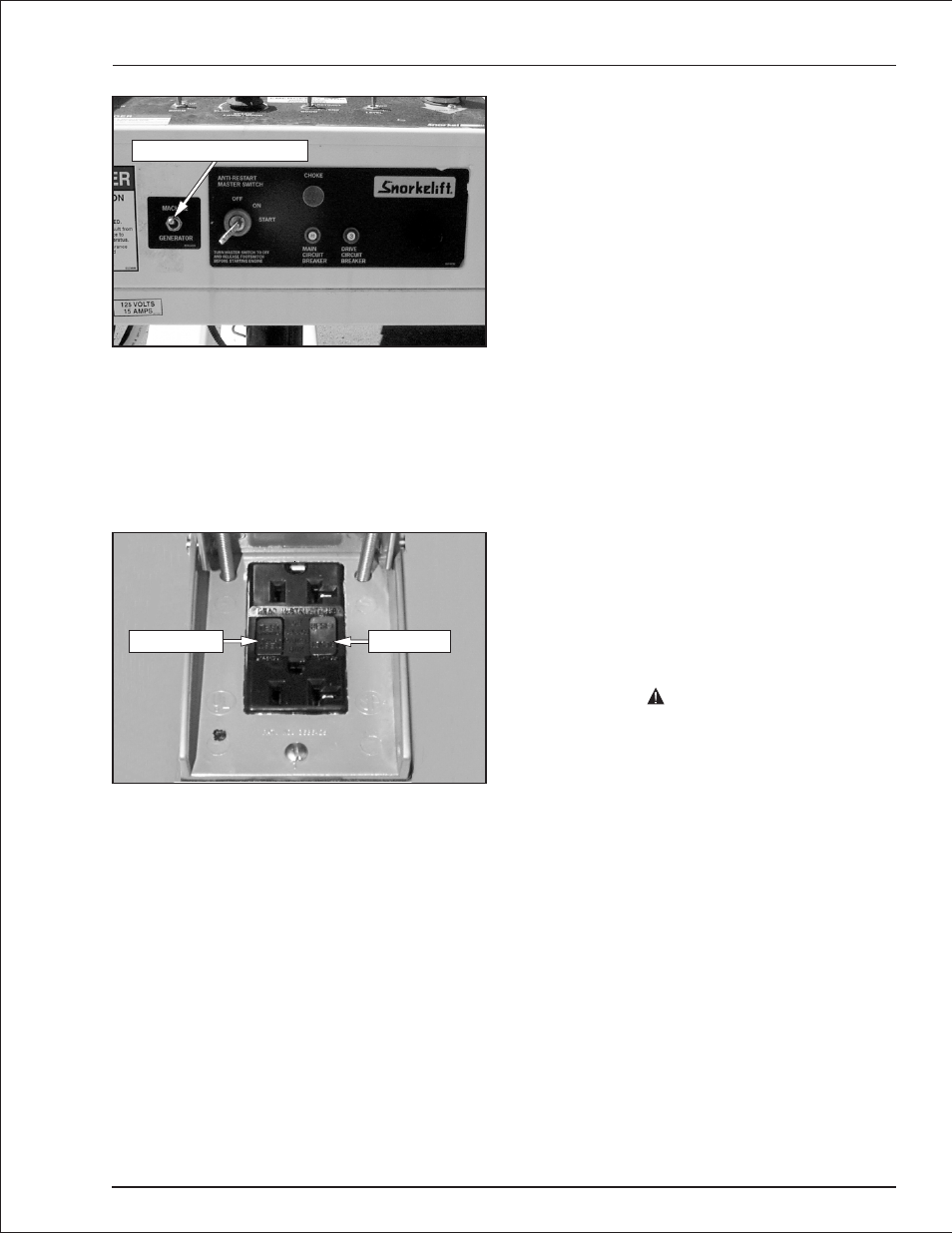 Drive motion alarm 7-9, Driving and work lights 7-9, Platform control cover 7-9 | Tow kit 7-9, Placards and decals 7-9, Ground fault circuit interrupter, 7-9, Reset button, 7-9, Test button, 7-9, Drive motion alarm, 7-9, Platform control cover, 7-9 | Snorkel TB37 2001 User Manual | Page 33 / 58