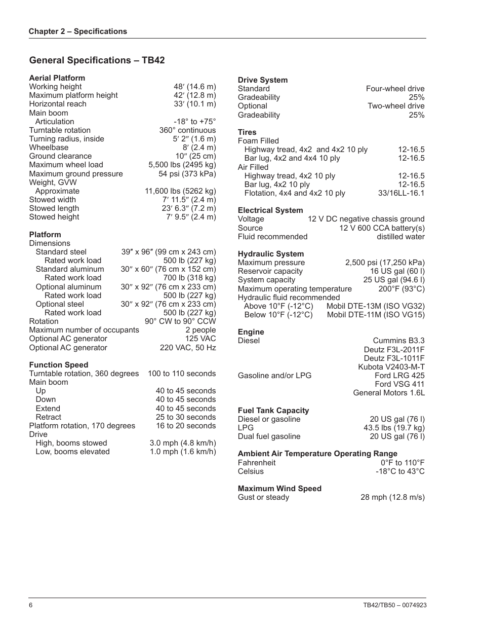 General specifications – tb42 | Snorkel TB50 User Manual | Page 10 / 86