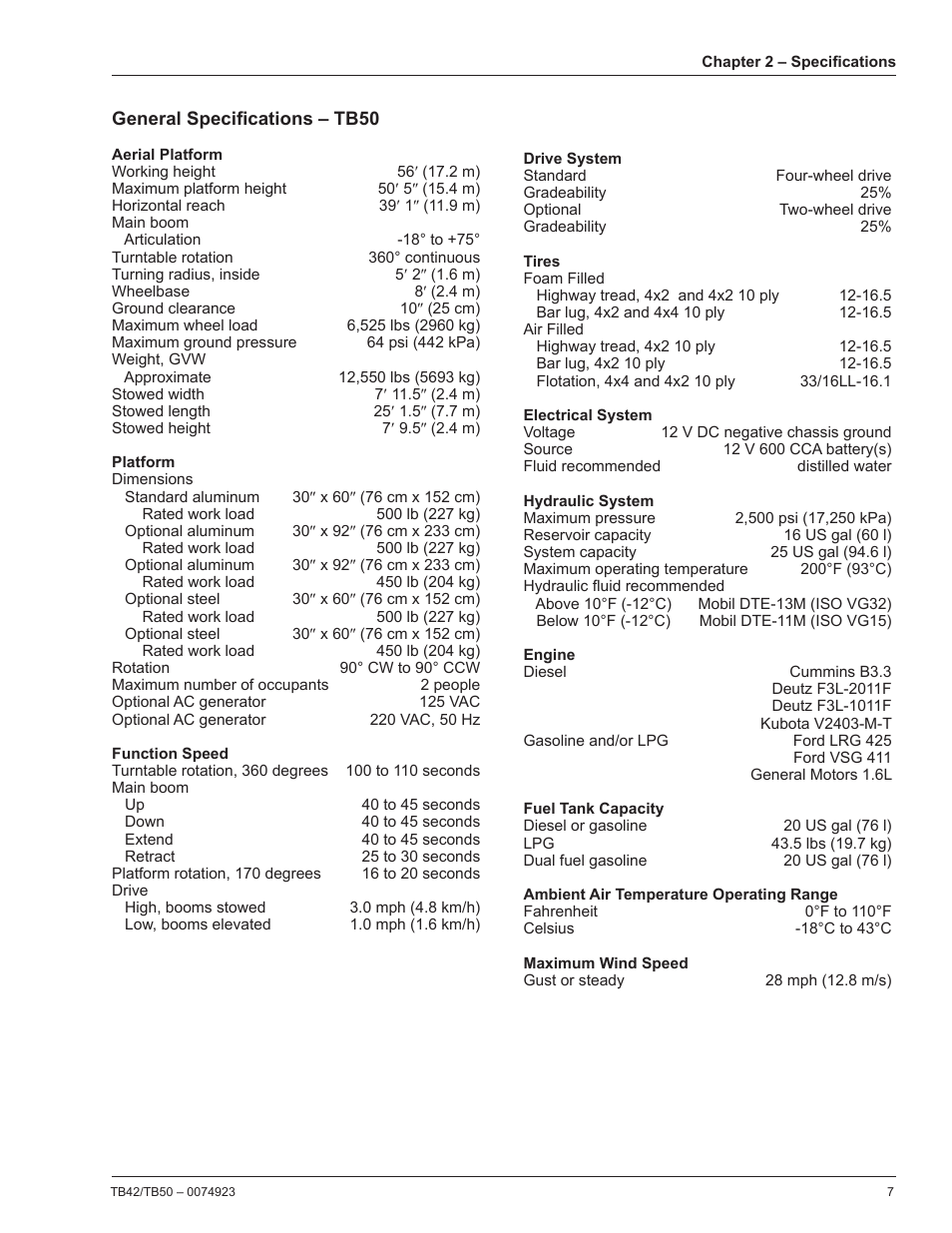 General specifications – tb50 | Snorkel TB50 User Manual | Page 11 / 86