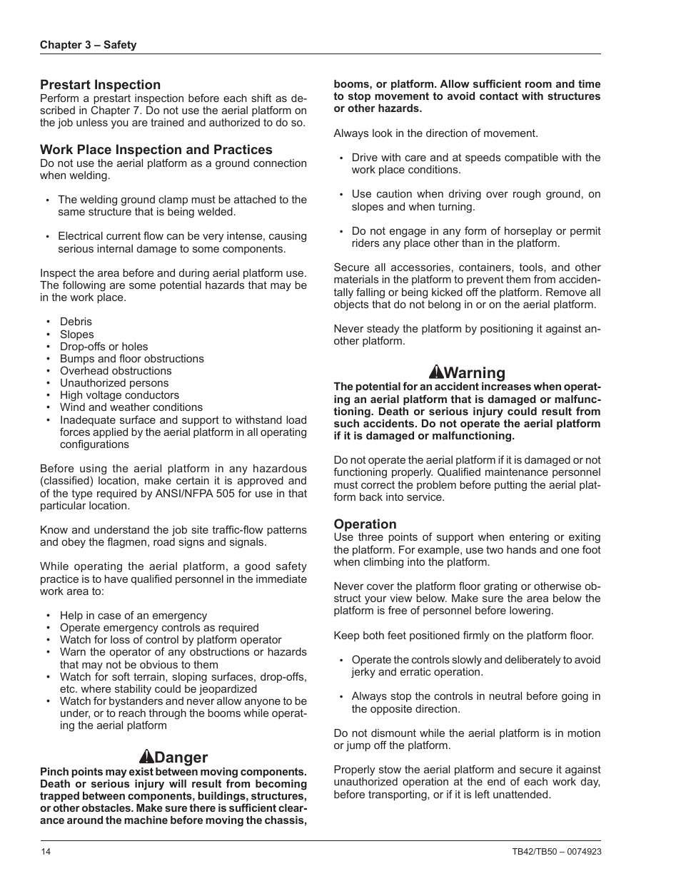 Prestart inspection, Work place inspection and practices, Operation | Danger, Warning | Snorkel TB50 User Manual | Page 18 / 86