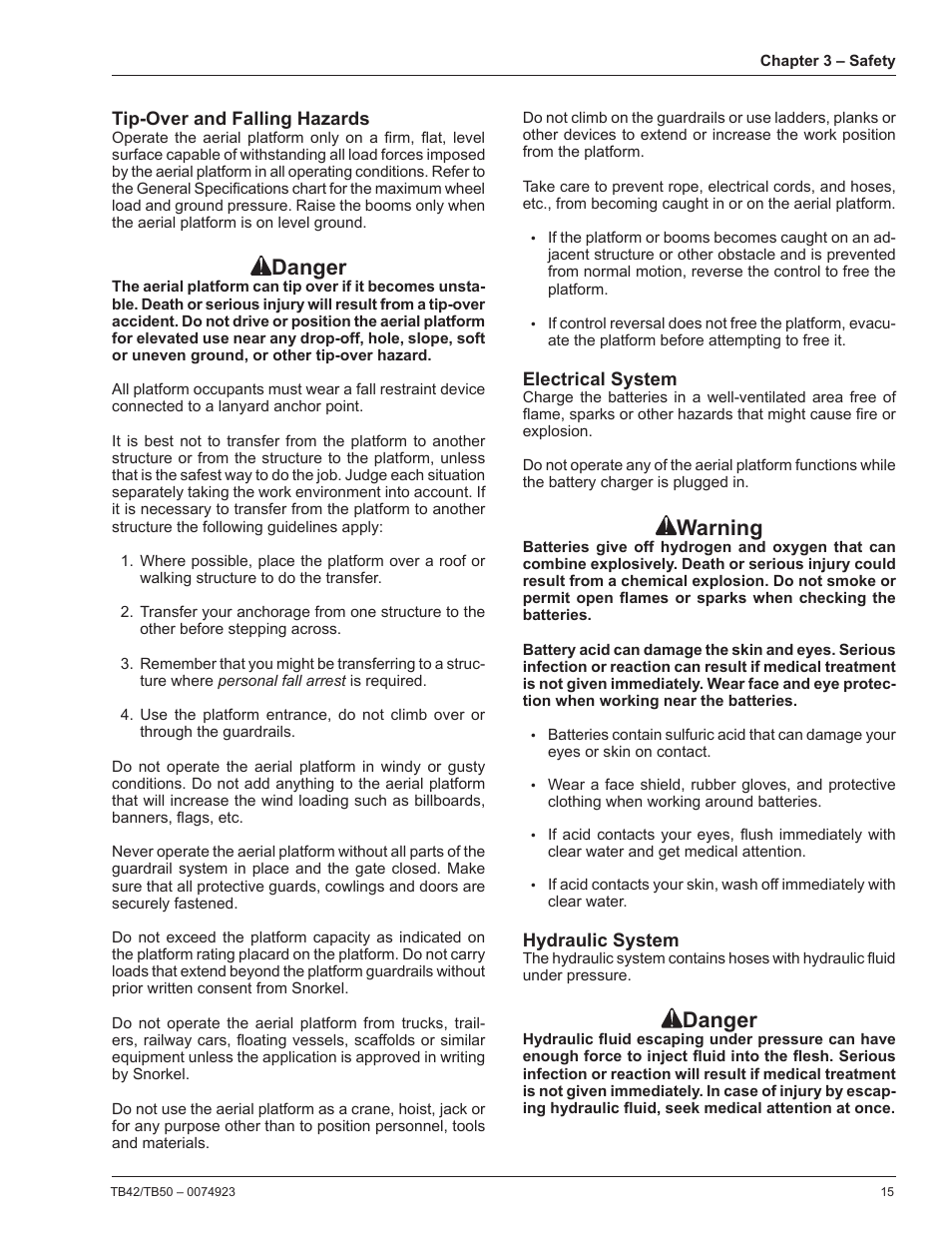 Tip-over and falling hazards, Electrical system, Hydraulic system | Danger, Warning | Snorkel TB50 User Manual | Page 19 / 86