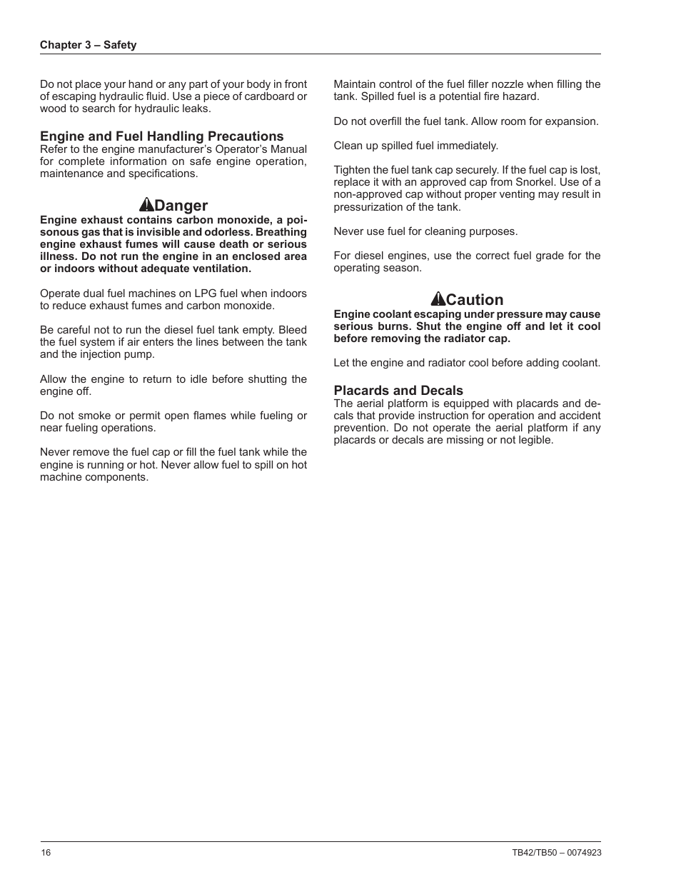 Engine and fuel handling precautions, Placards and decals, Danger | Caution | Snorkel TB50 User Manual | Page 20 / 86