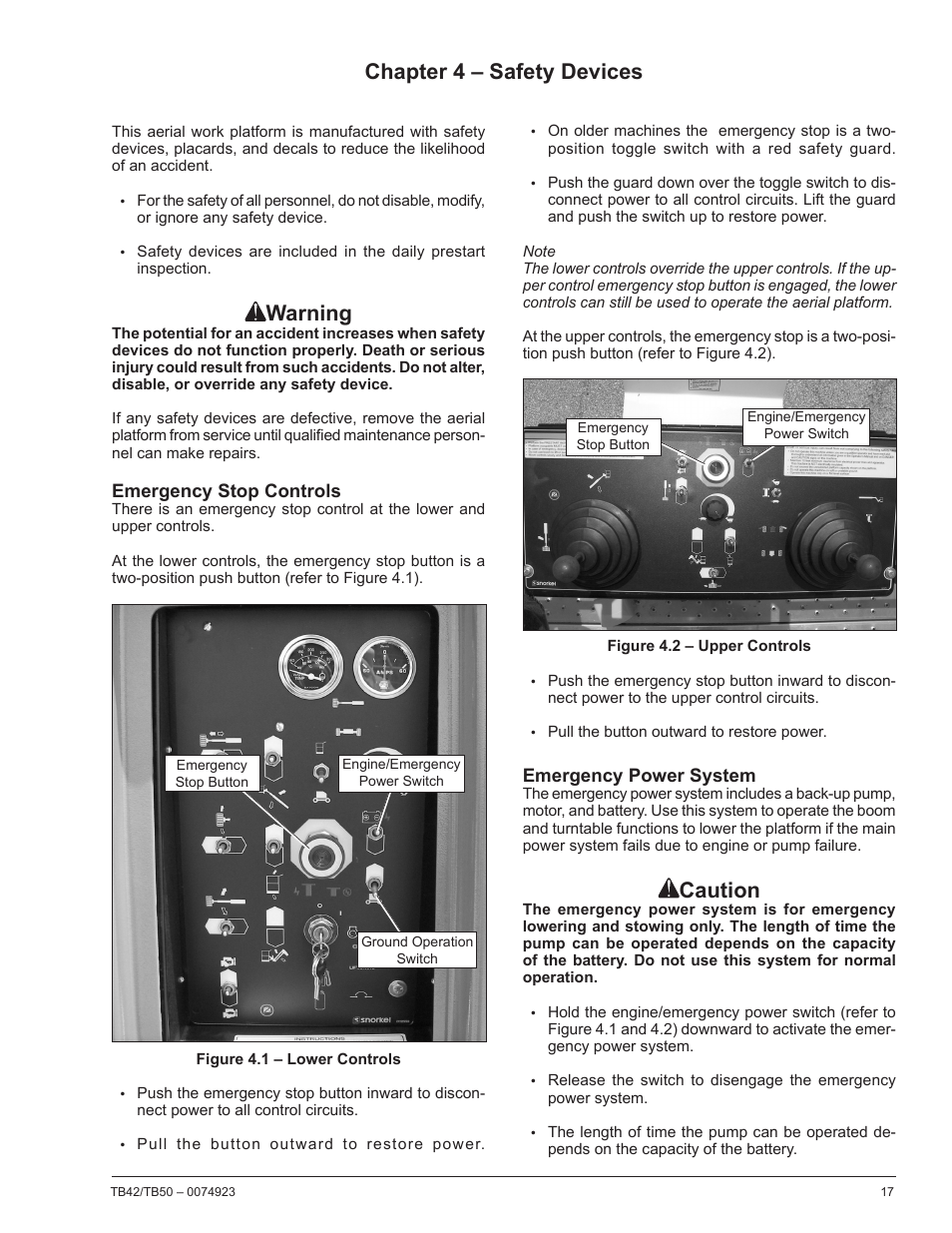 Chapter 4 – safety devices, Emergency stop controls, Emergency power system | Warning, Caution | Snorkel TB50 User Manual | Page 21 / 86