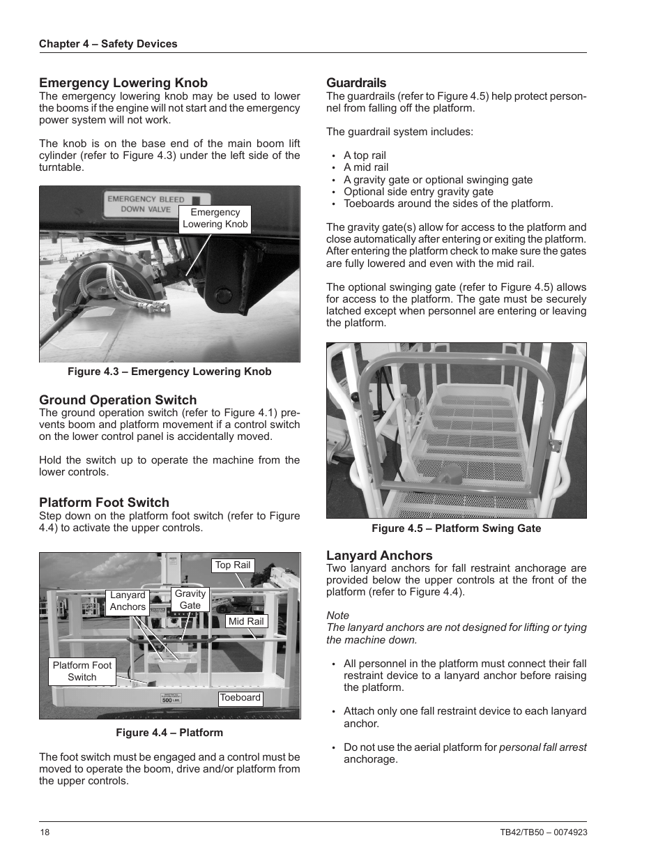 Emergency lowering knob, Ground operation switch, Platform foot switch | Guardrails, Lanyard anchors | Snorkel TB50 User Manual | Page 22 / 86