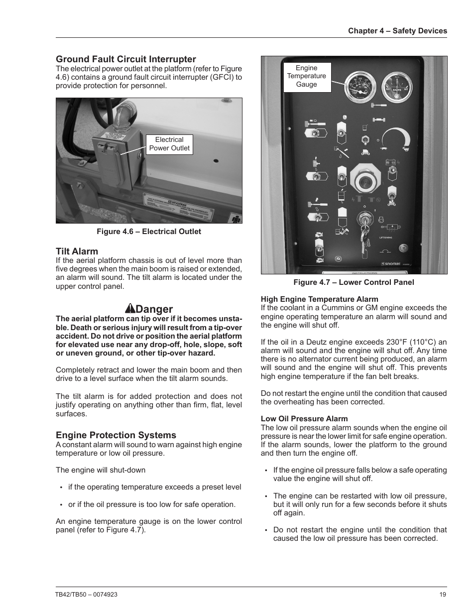 Ground fault circuit interrupter, Tilt alarm, Engine protection systems | High engine temperature alarm, Low oil pressure alarm, Danger | Snorkel TB50 User Manual | Page 23 / 86