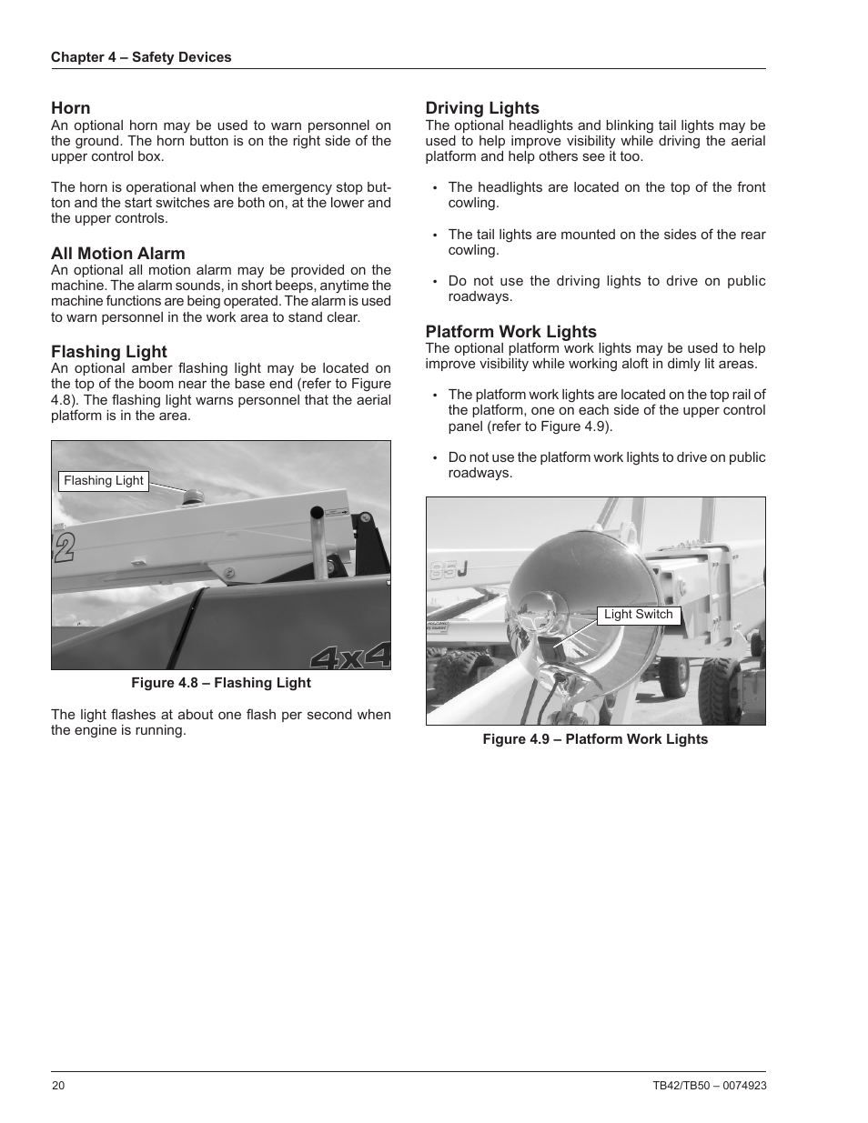 Horn, All motion alarm, Flashing light | Driving lights, Platform work lights | Snorkel TB50 User Manual | Page 24 / 86