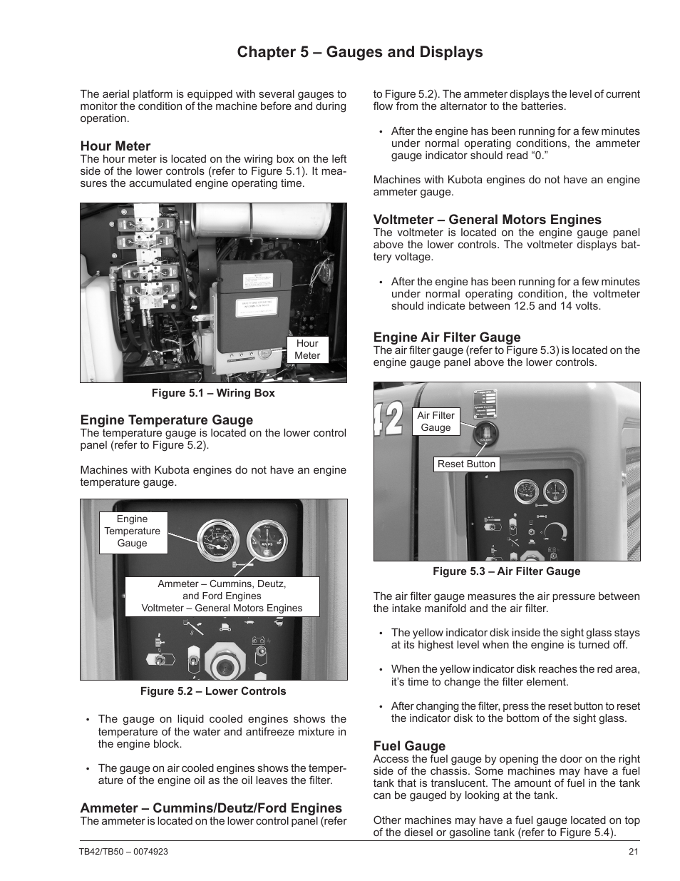 Chapter 5 – gauges and displays, Hour meter, Engine temperature gauge | Ammeter – cummins/deutz/ford engines, Voltmeter – general motors engines, Engine air filter gauge, Fuel gauge | Snorkel TB50 User Manual | Page 25 / 86