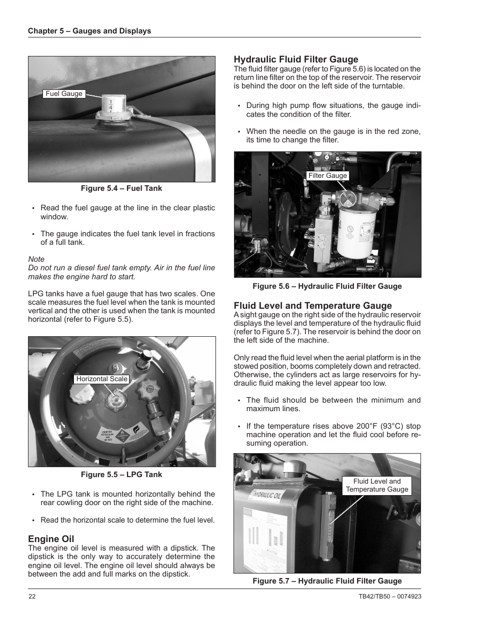 Engine oil, Hydraulic fluid filter gauge, Fluid level and temperature gauge | Snorkel TB50 User Manual | Page 26 / 86