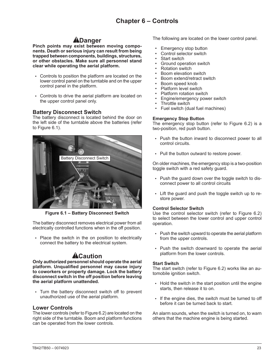 Chapter 6 – controls, Battery disconnect switch, Lower controls | Emergency stop button, Control selector switch, Start switch, Chapter 6 – controls danger, Caution | Snorkel TB50 User Manual | Page 27 / 86