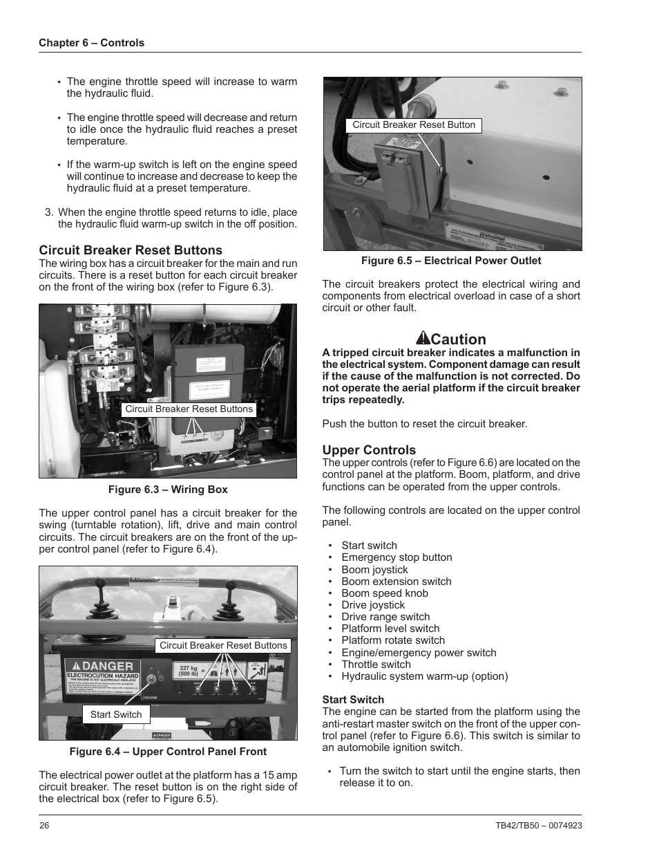 Circuit breaker reset buttons, Upper controls, Start switch | Caution | Snorkel TB50 User Manual | Page 30 / 86