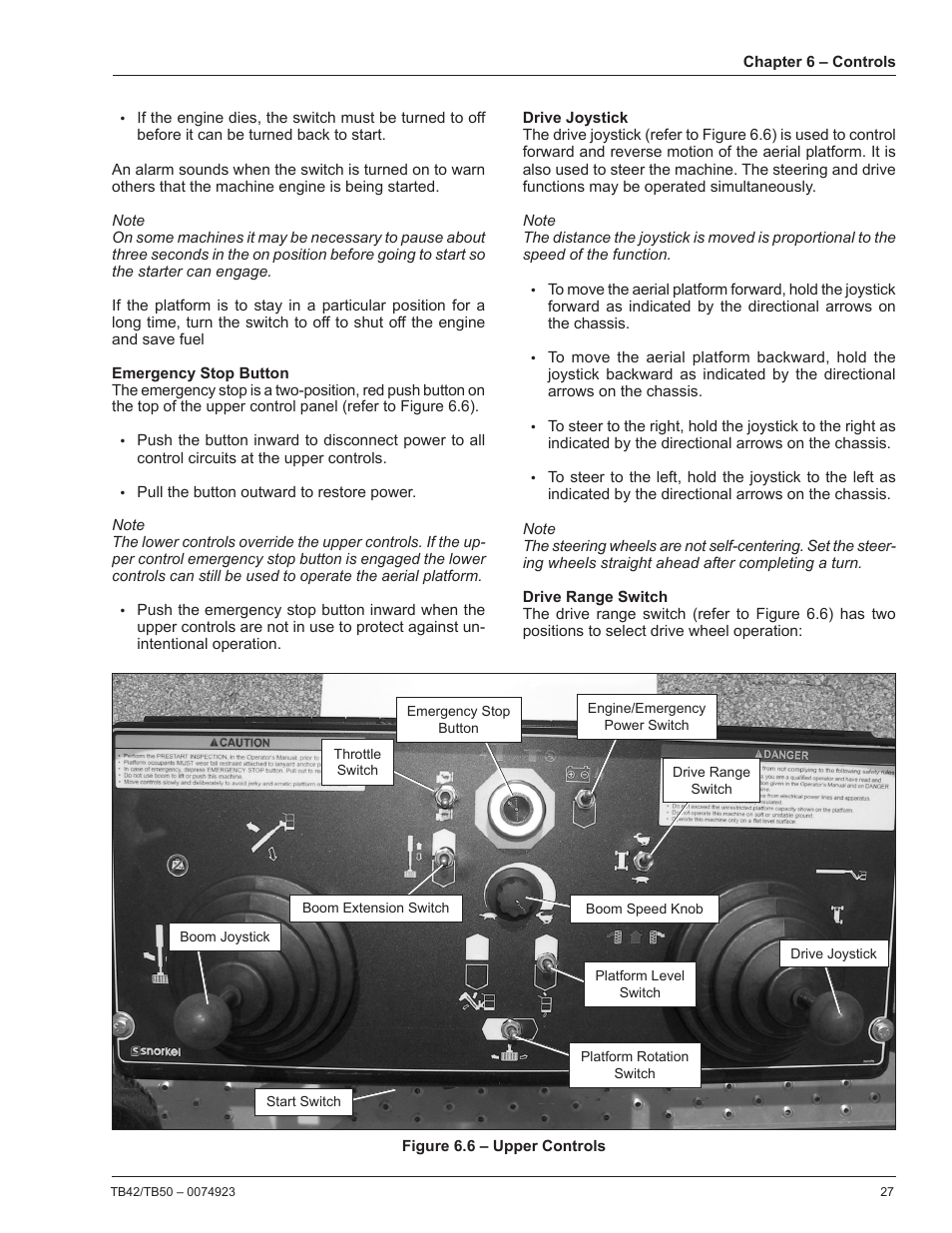 Emergency stop button, Drive joystick, Drive range switch | Snorkel TB50 User Manual | Page 31 / 86