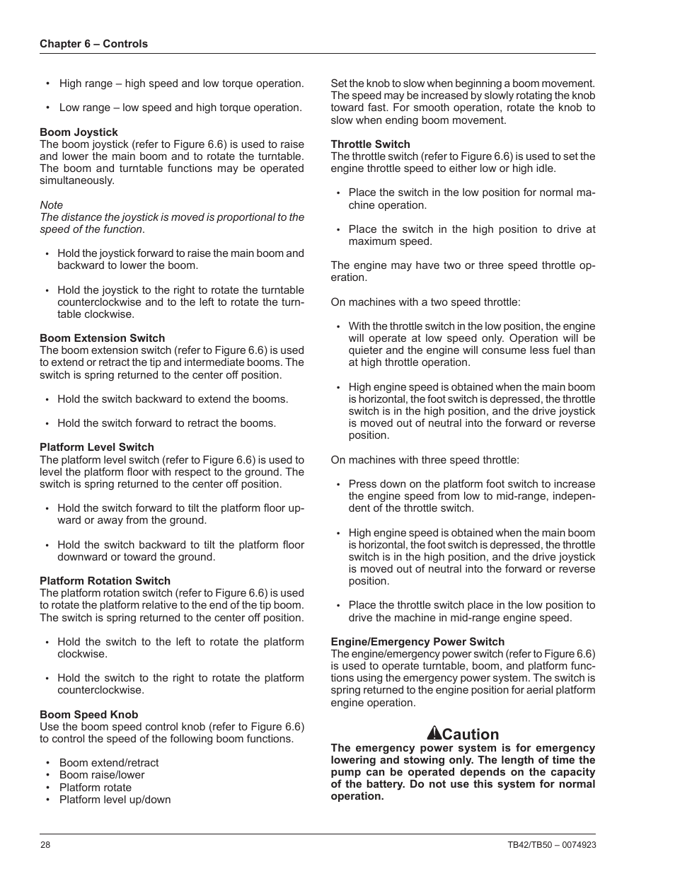 Boom joystick, Boom extension switch, Platform level switch | Platform rotation switch, Boom speed knob, Throttle switch, Engine/emergency power switch, Caution | Snorkel TB50 User Manual | Page 32 / 86