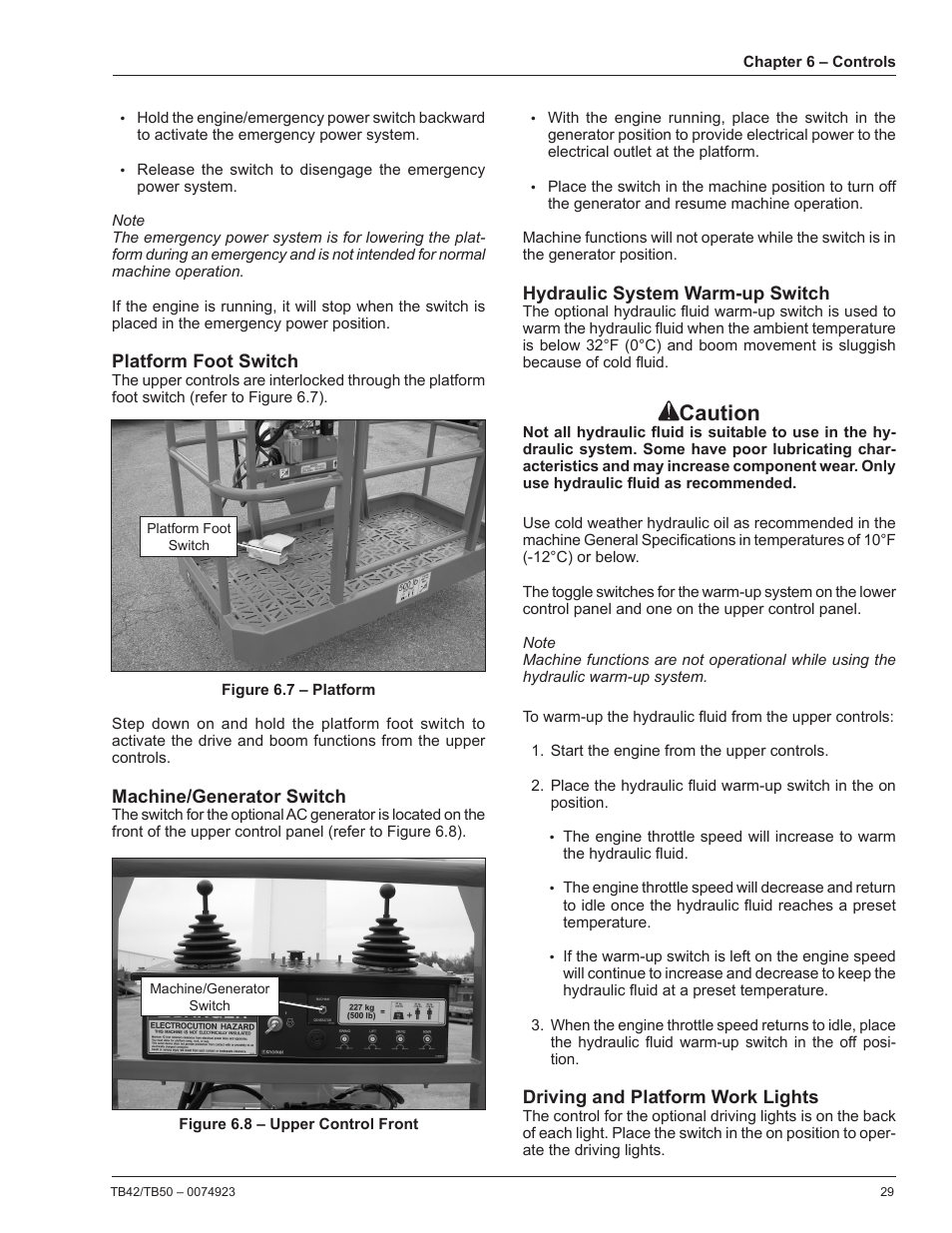 Platform foot switch, Machine/generator switch, Hydraulic system warm-up switch | Driving and platform work lights, Caution | Snorkel TB50 User Manual | Page 33 / 86