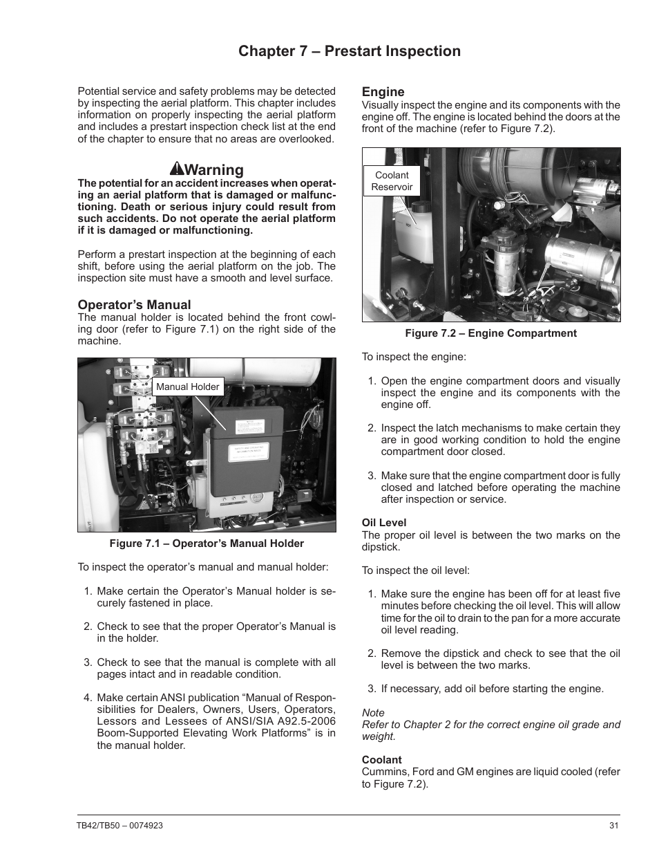 Chapter 7 – prestart inspection, Operator’s manual, Engine | Oil level, Coolant, Warning | Snorkel TB50 User Manual | Page 35 / 86