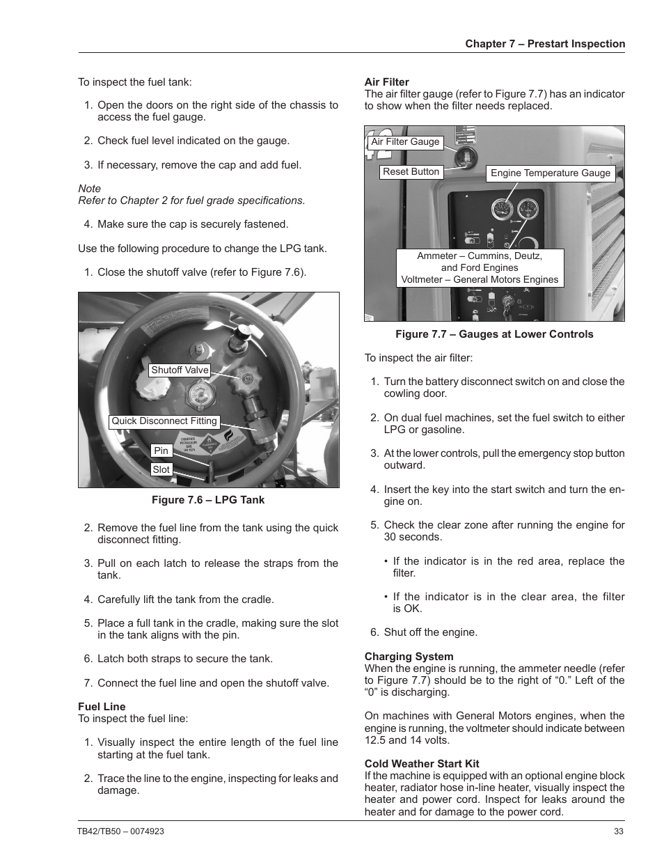 Fuel line, Air filter, Charging system | Cold weather start kit | Snorkel TB50 User Manual | Page 37 / 86