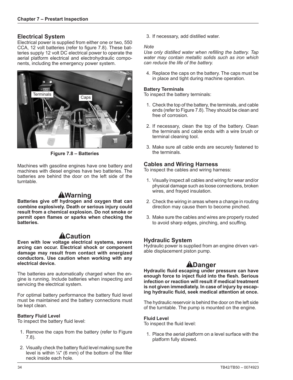 Electrical system, Battery fluid level, Battery terminals | Cables and wiring harness, Hydraulic system, Fluid level, Warning, Caution, Danger | Snorkel TB50 User Manual | Page 38 / 86