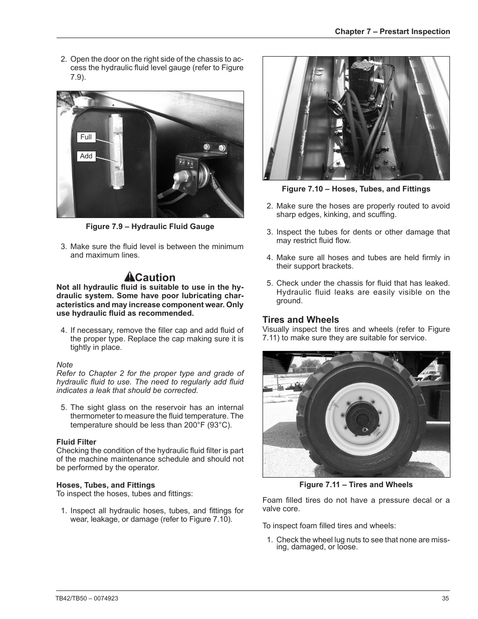 Fluid filter, Hoses, tubes, and fittings, Tires and wheels | Caution | Snorkel TB50 User Manual | Page 39 / 86