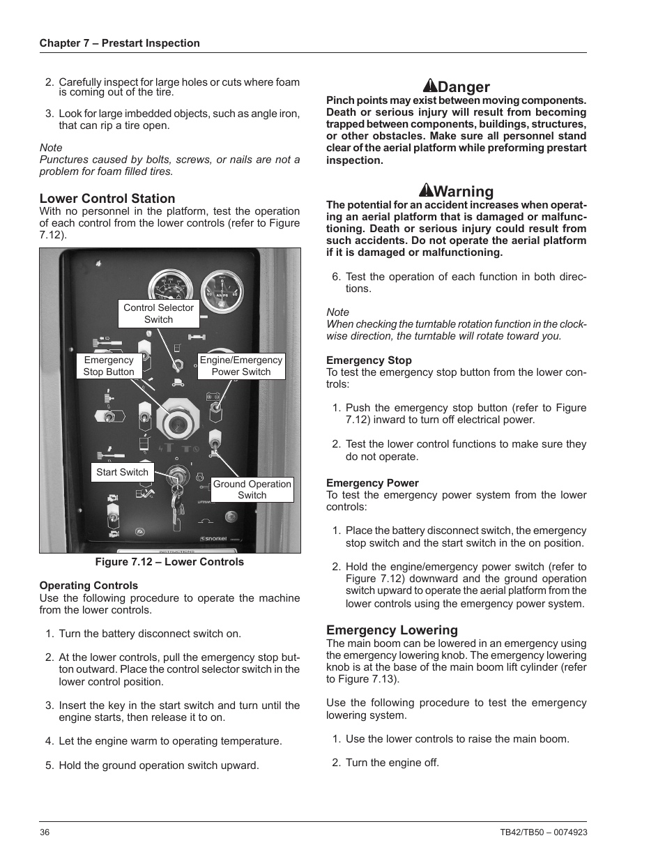 Lower control station, Operating controls, Emergency stop | Emergency power, Emergency lowering, Danger, Warning | Snorkel TB50 User Manual | Page 40 / 86