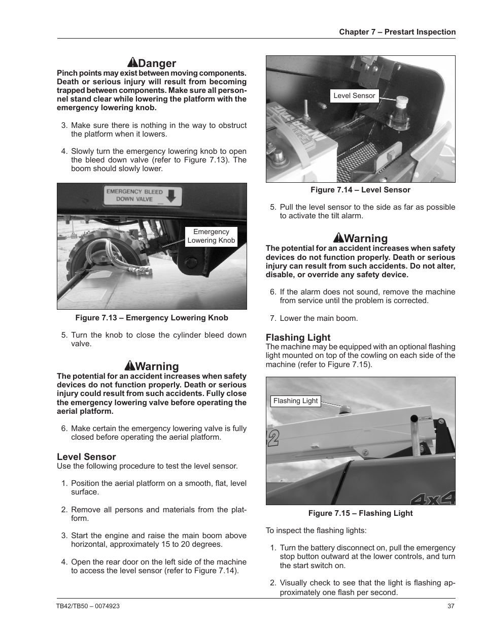 Level sensor, Flashing light, Danger | Warning | Snorkel TB50 User Manual | Page 41 / 86