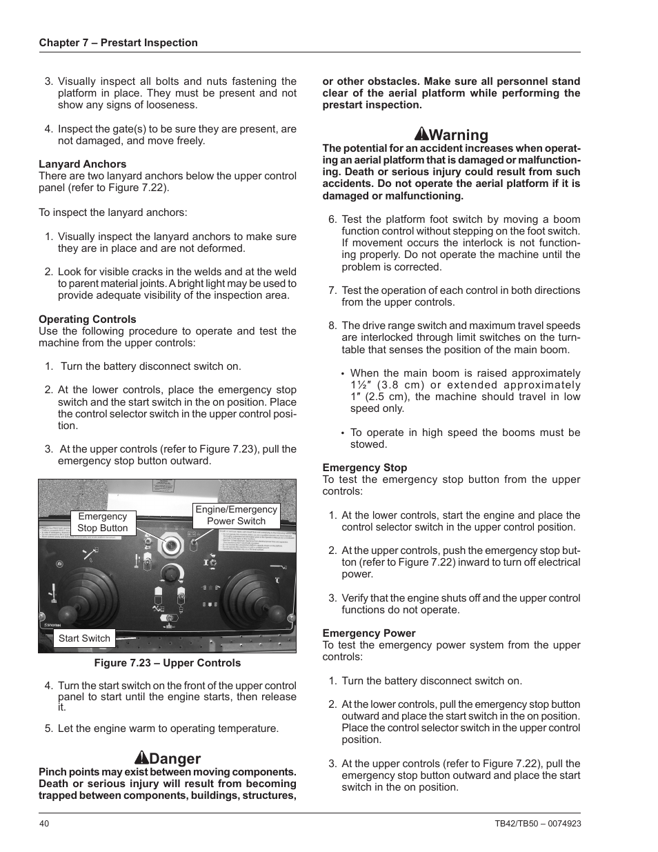 Lanyard anchors, Operating controls, Emergency stop | Emergency power, Danger, Warning | Snorkel TB50 User Manual | Page 44 / 86