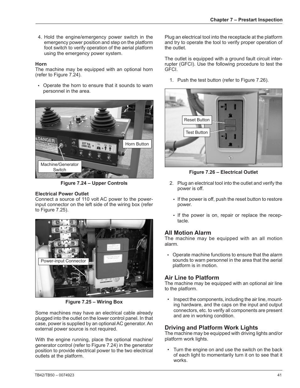 Horn, Electrical power outlet, All motion alarm | Air line to platform, Driving and platform work lights | Snorkel TB50 User Manual | Page 45 / 86