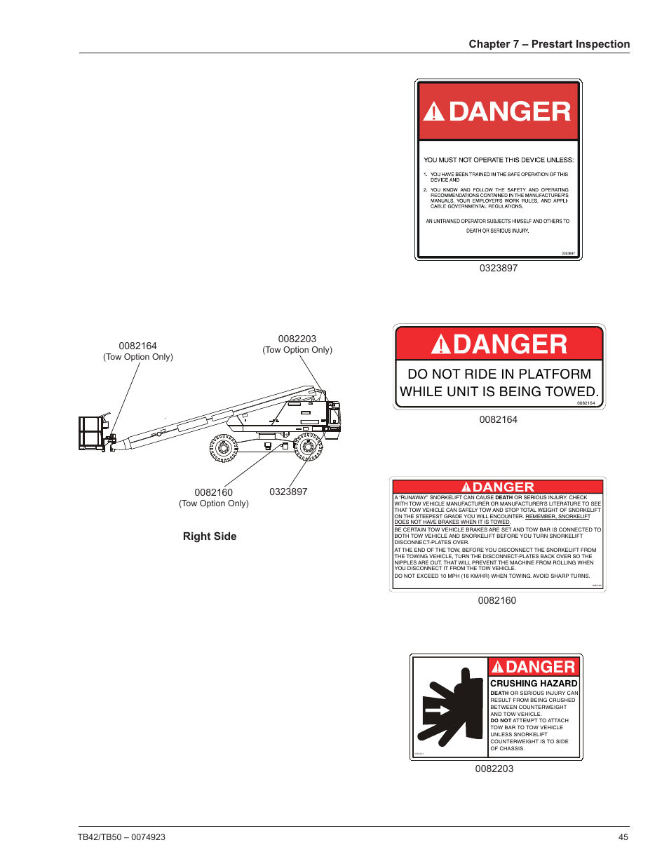 Danger, Do not ride in platform while unit is being towed | Snorkel TB50 User Manual | Page 49 / 86