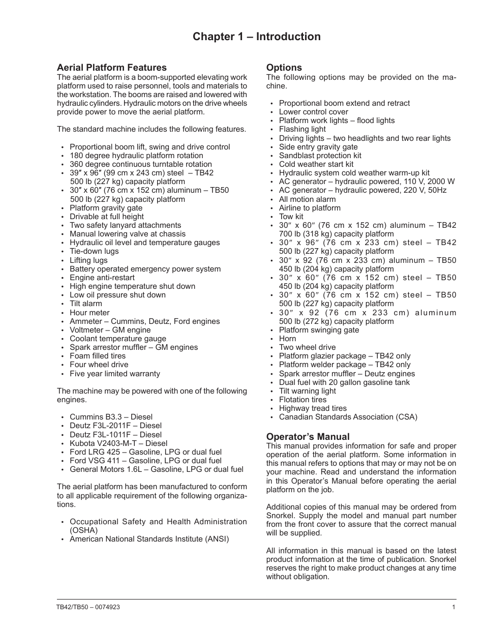 Chapter 1 – introduction, Aerial platform features, Options | Operator’s manual | Snorkel TB50 User Manual | Page 5 / 86