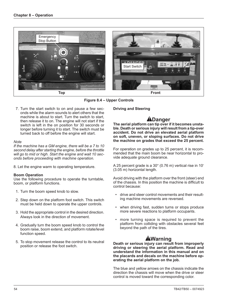 Boom operation, Driving and steering, Danger | Warning | Snorkel TB50 User Manual | Page 58 / 86