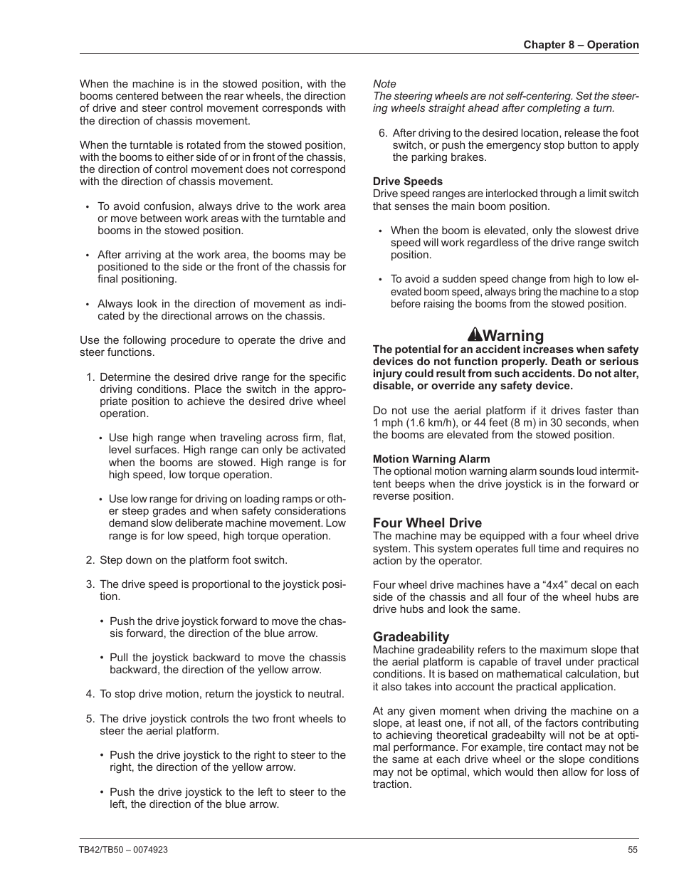 Drive speeds, Motion warning alarm, Four wheel drive | Gradeability, Warning | Snorkel TB50 User Manual | Page 59 / 86