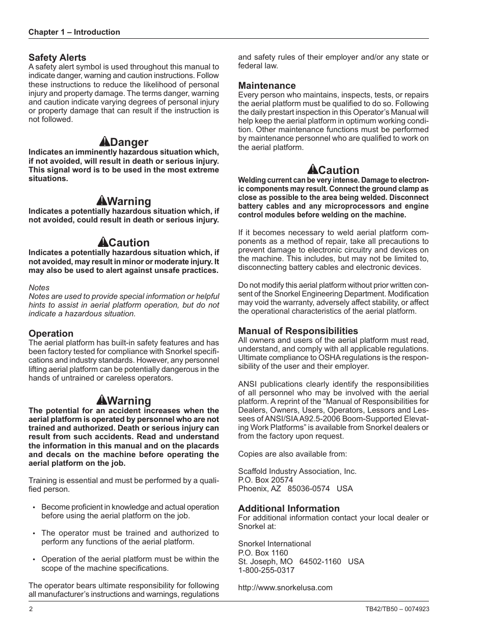 Safety alerts, Operation, Maintenance | Manual of responsibilities, Additional information, Danger, Warning, Caution | Snorkel TB50 User Manual | Page 6 / 86