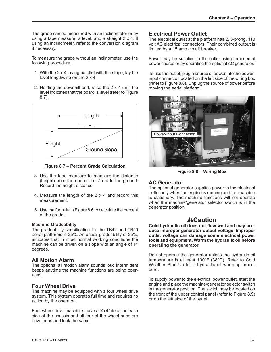 Machine gradeability, All motion alarm, Four wheel drive | Electrical power outlet, Ac generator, Caution | Snorkel TB50 User Manual | Page 61 / 86