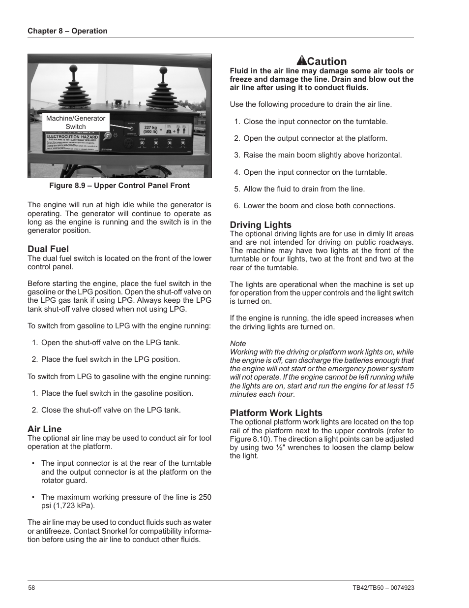 Dual fuel, Air line, Driving lights | Platform work lights, Caution | Snorkel TB50 User Manual | Page 62 / 86