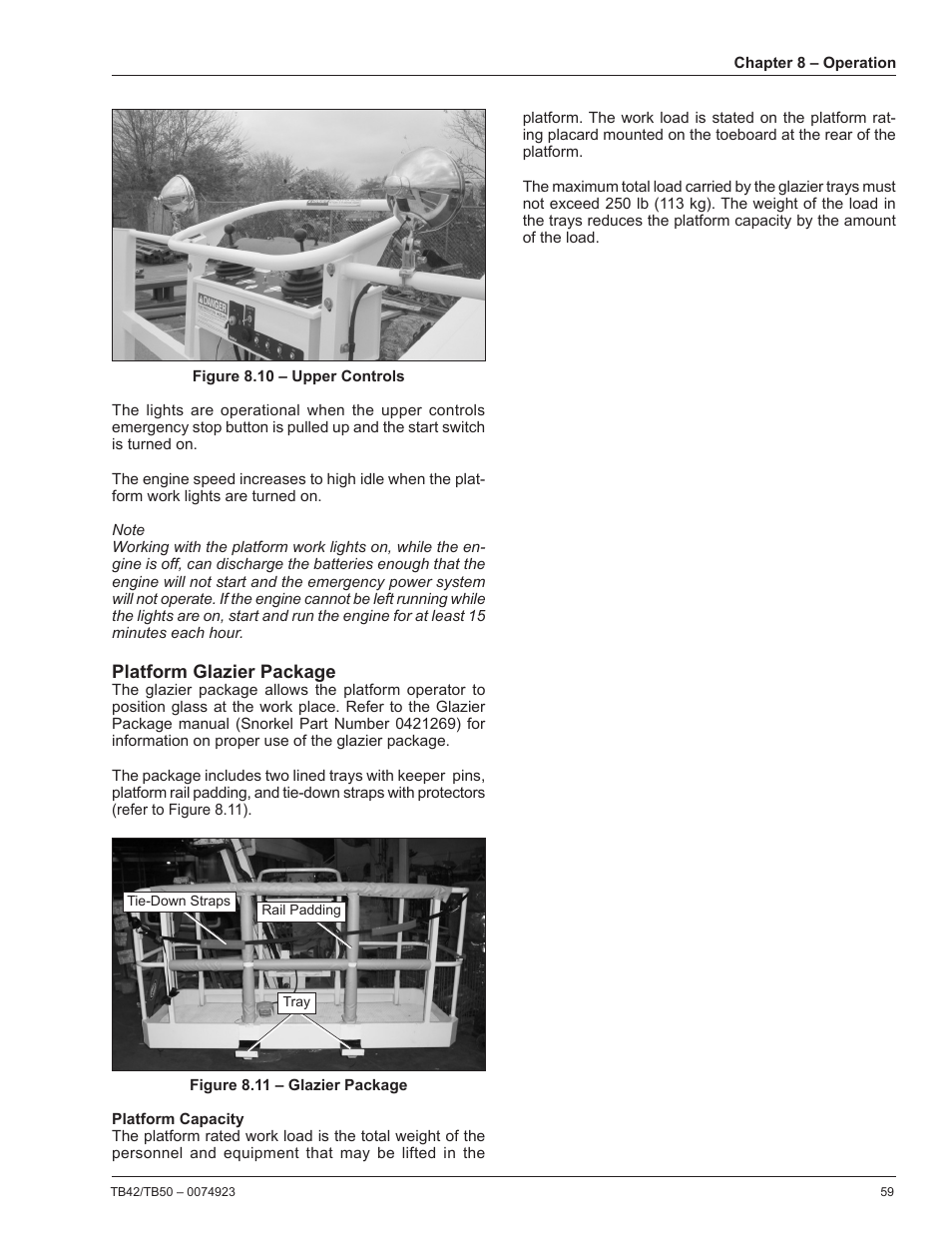 Platform glazier package, Platform capacity | Snorkel TB50 User Manual | Page 63 / 86