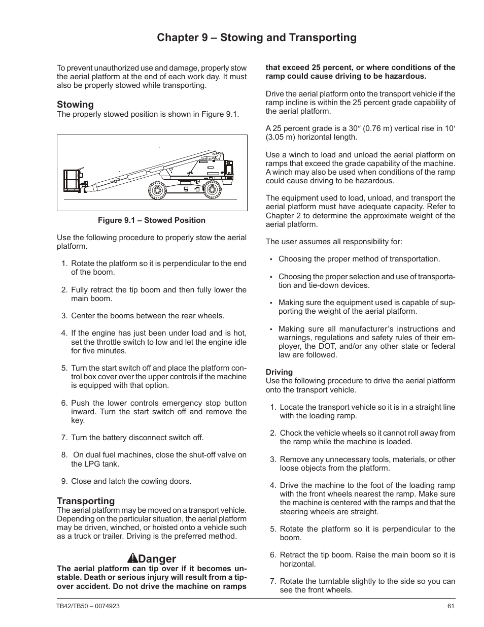 Chapter 9 – stowing and transporting, Stowing, Transporting | Driving, Danger | Snorkel TB50 User Manual | Page 65 / 86