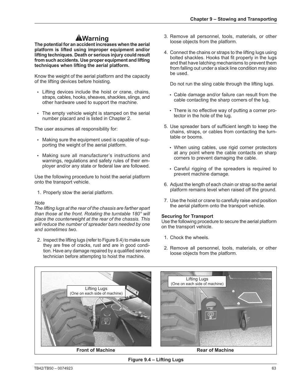 Securing for transport, Warning | Snorkel TB50 User Manual | Page 67 / 86