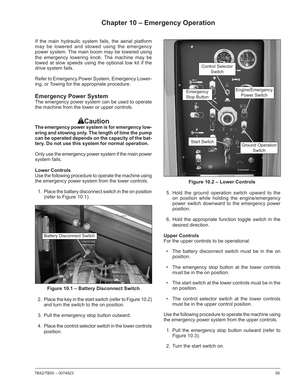 Chapter 10 – emergency operation, Emergency power system, Lower controls | Upper controls, Caution | Snorkel TB50 User Manual | Page 69 / 86