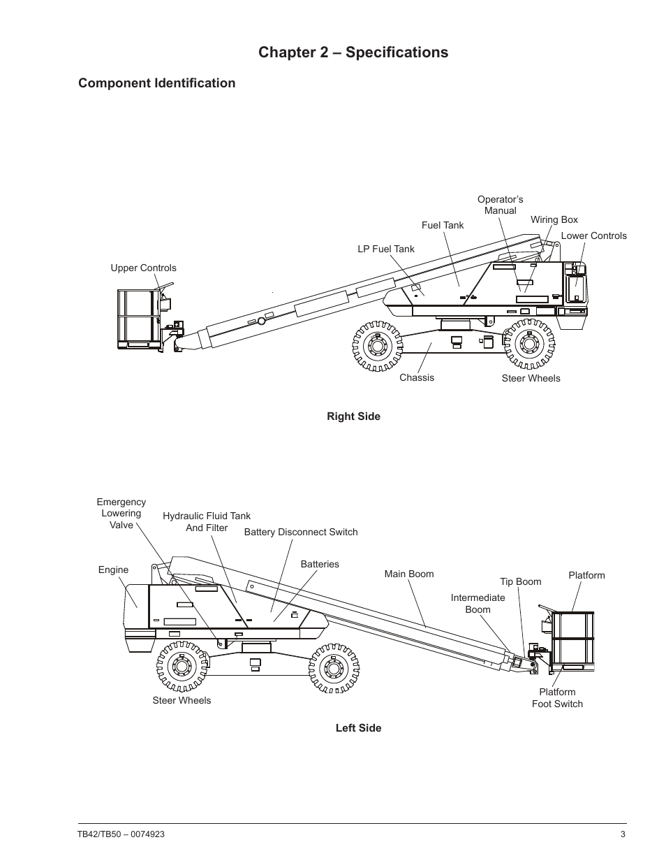 Chapter 3 – specifications, Component identification, Chapter 2 – specifications | Snorkel TB50 User Manual | Page 7 / 86