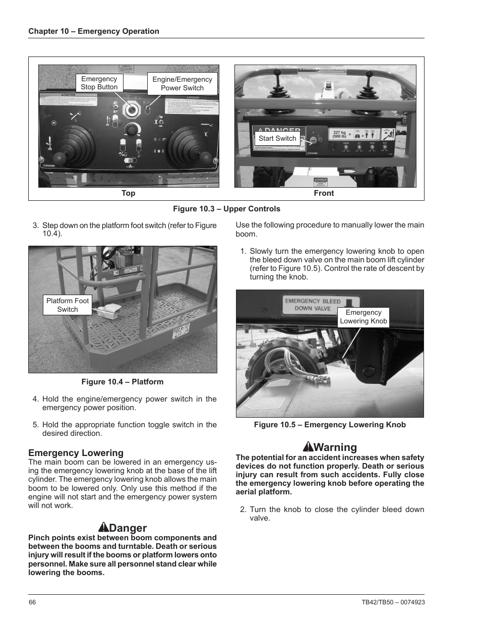 Emergency lowering, Danger, Warning | Snorkel TB50 User Manual | Page 70 / 86