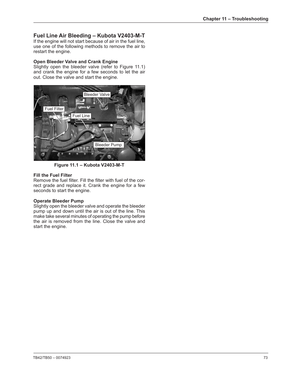 Fuel line air bleeding – kubota v2403-m-t | Snorkel TB50 User Manual | Page 77 / 86