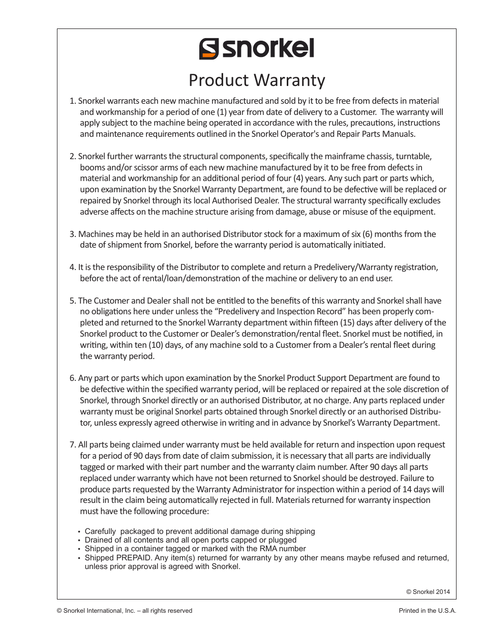 Product warranty | Snorkel TB50 User Manual | Page 81 / 86