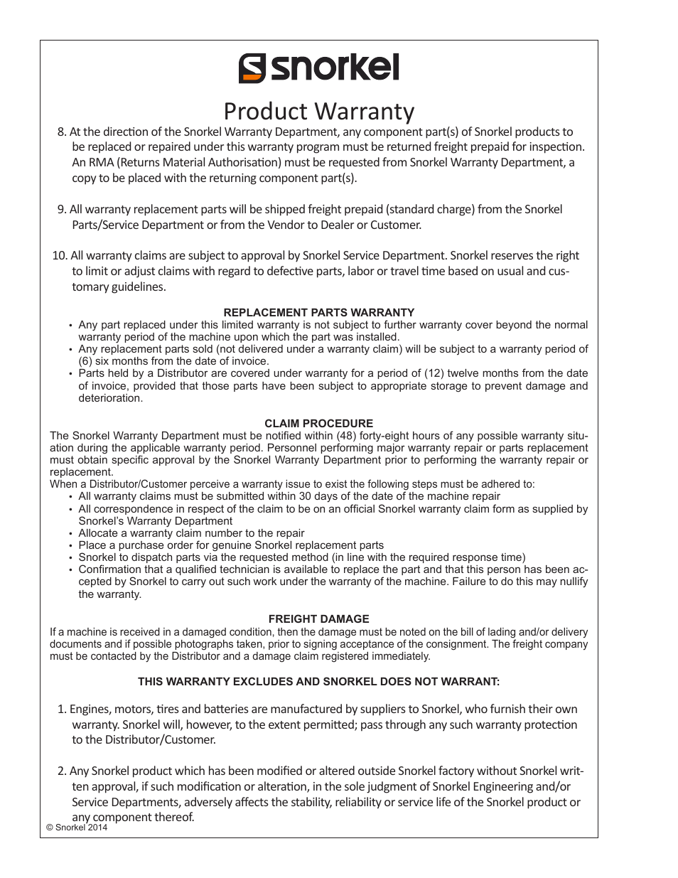 Product warranty | Snorkel TB50 User Manual | Page 82 / 86