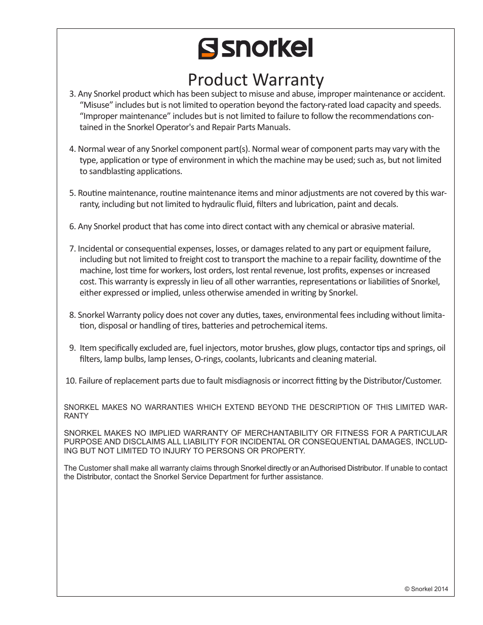 Product warranty | Snorkel TB50 User Manual | Page 83 / 86