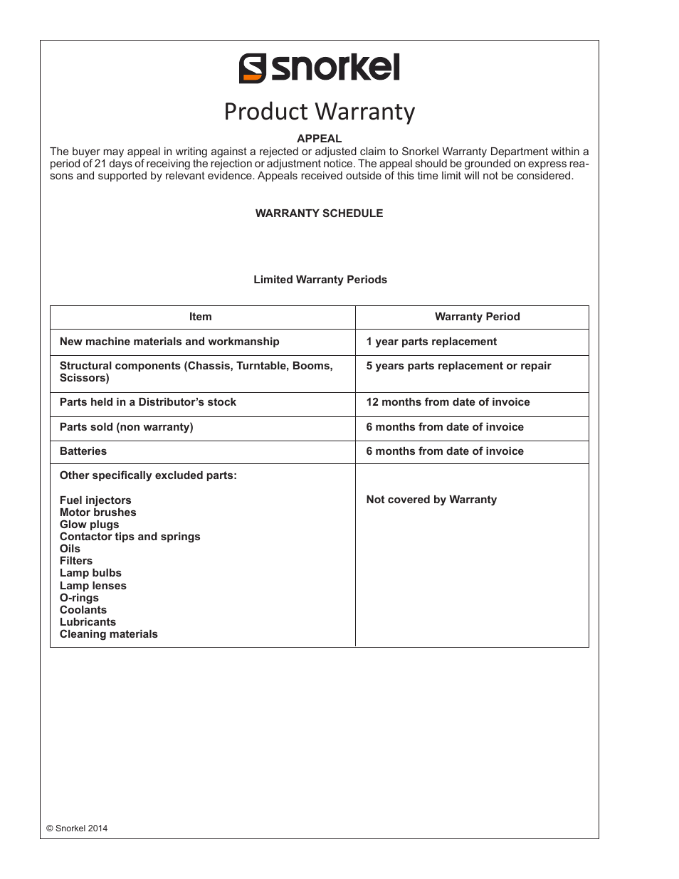 Product warranty | Snorkel TB50 User Manual | Page 84 / 86