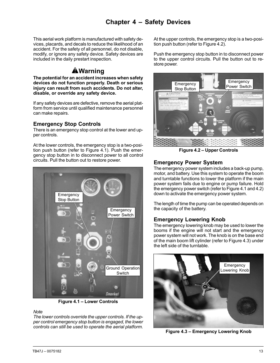 Warning, Chapter 4 – safety devices | Snorkel TB47J User Manual | Page 17 / 72