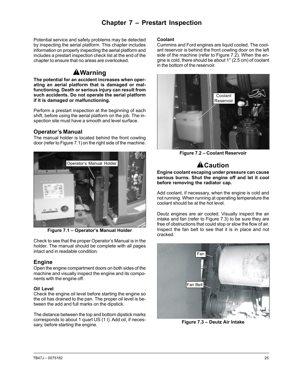 Chapter 7 – prestart inspection, Warning, Caution | Snorkel TB47J User Manual | Page 29 / 72