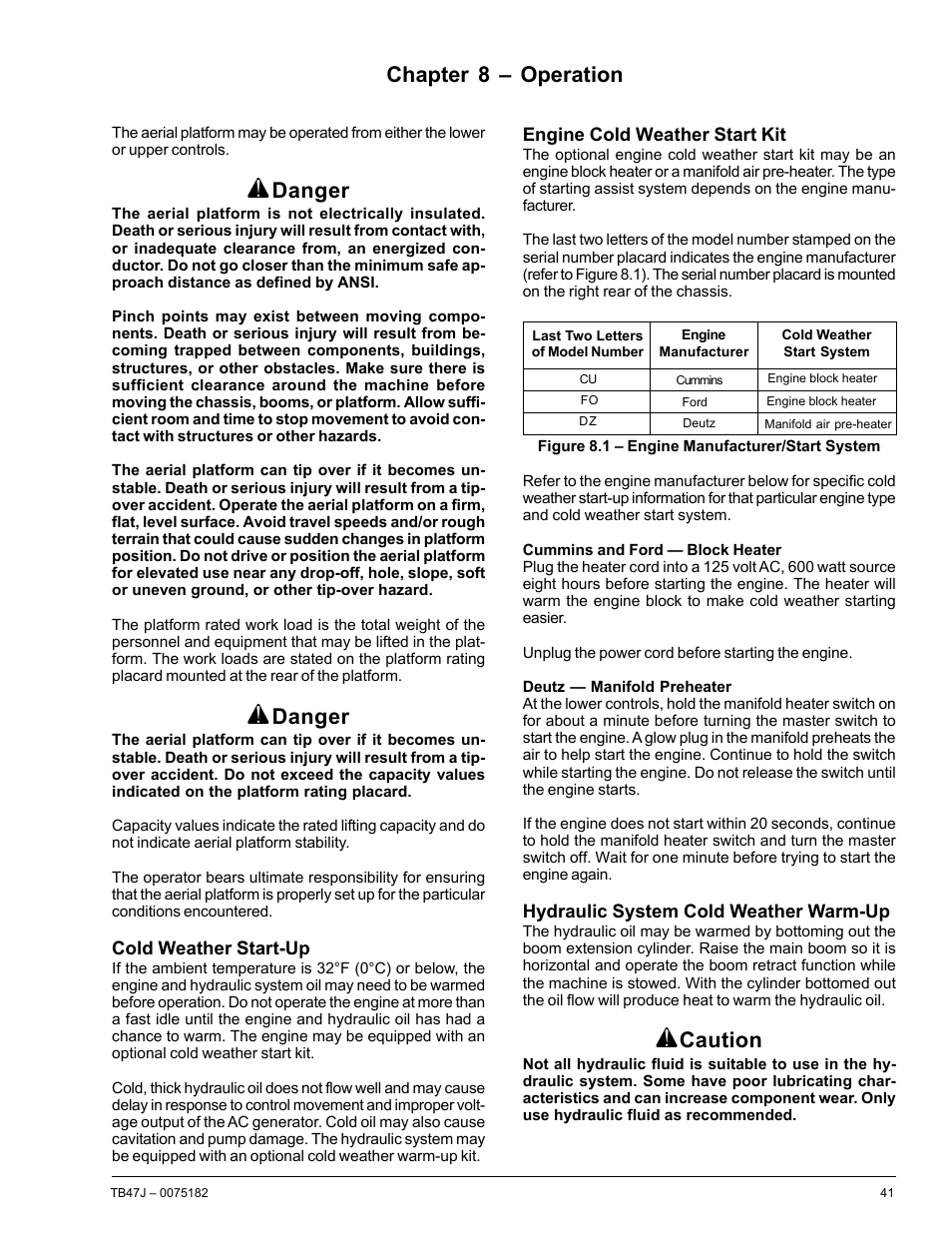 Chapter 8 – operation, Danger, Caution | Snorkel TB47J User Manual | Page 45 / 72