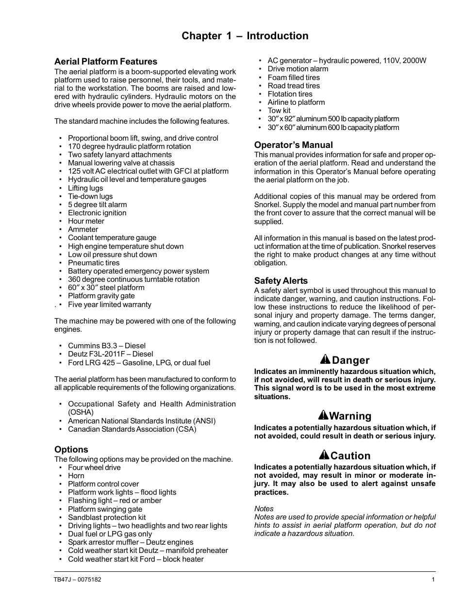 Chapter 1 – introduction, Danger, Warning | Caution | Snorkel TB47J User Manual | Page 5 / 72