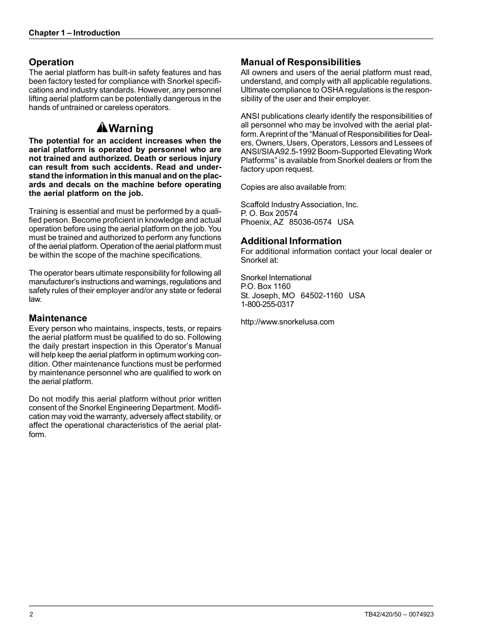 Warning | Snorkel TB47J User Manual | Page 6 / 72