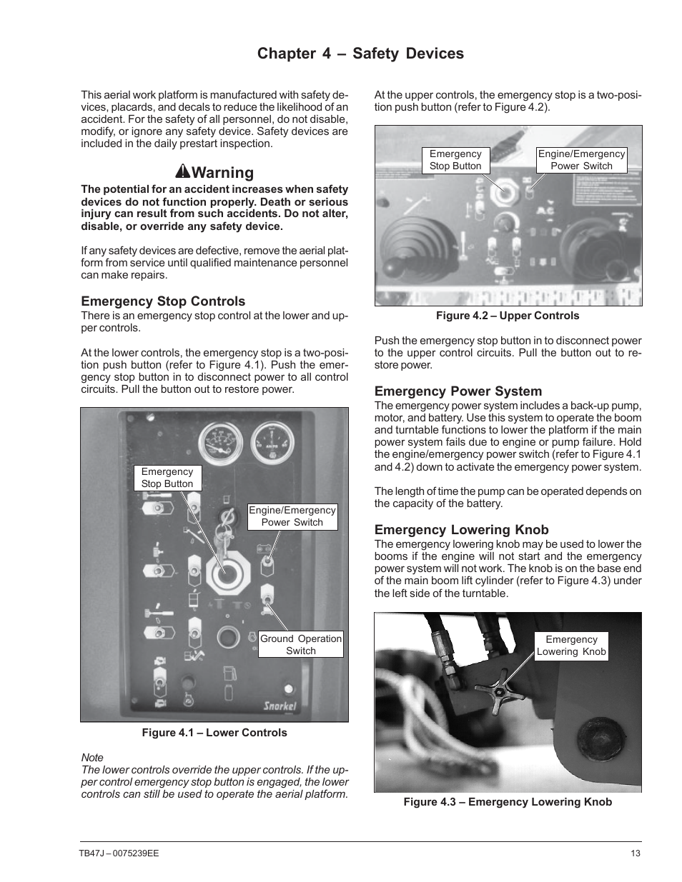 Warning, Chapter 4 – safety devices | Snorkel TB47J CE User Manual | Page 17 / 66