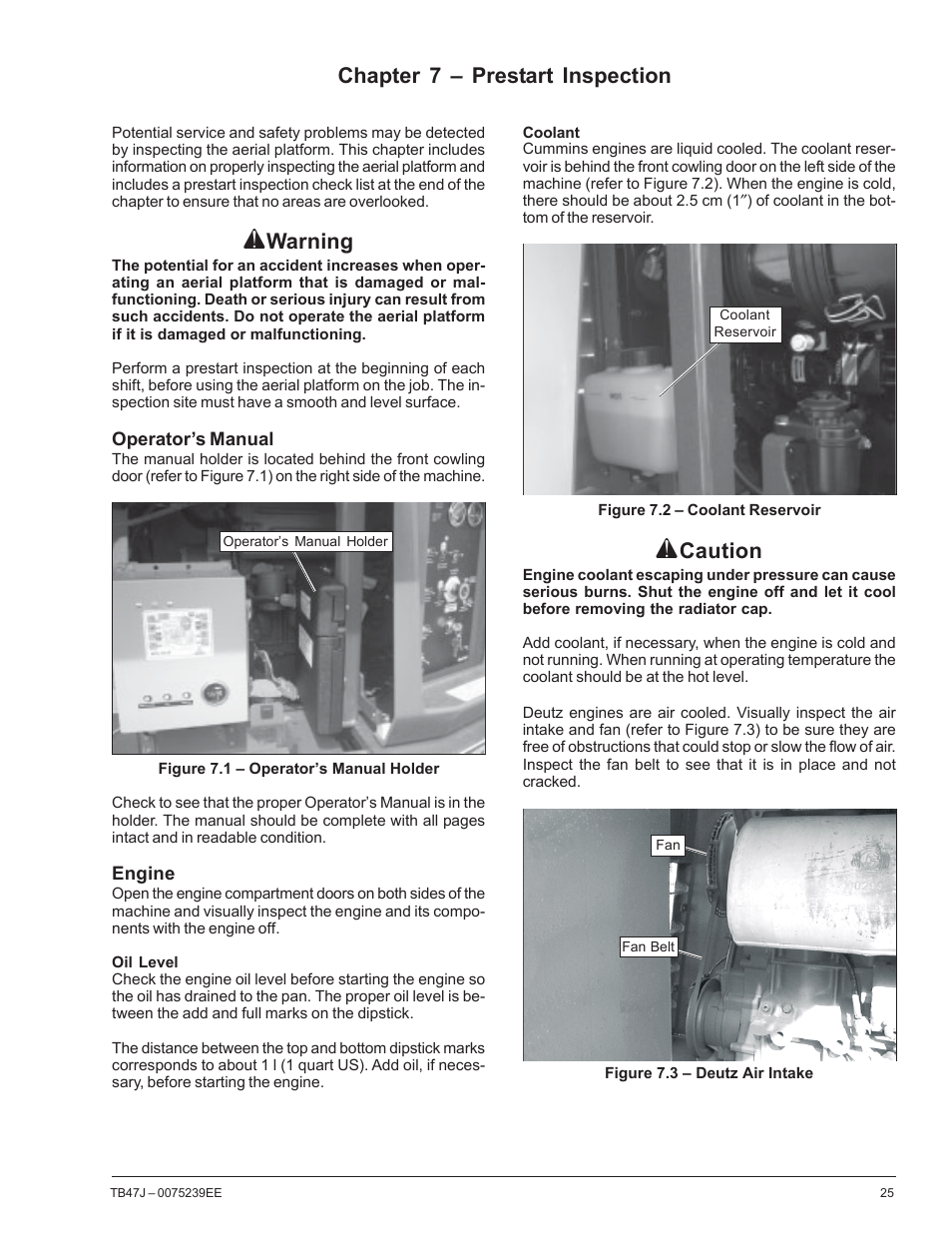 Chapter 7 – prestart inspection, Warning, Caution | Snorkel TB47J CE User Manual | Page 29 / 66